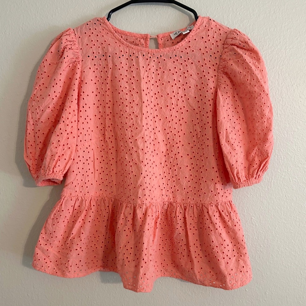 Nanette Lepore Eyelet Blouse Womens‎ S Coral Pink Puff Sleeve Peplum Top